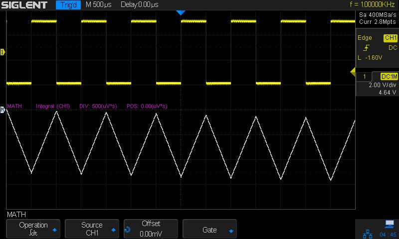 Integrate dt (integrate) calculates the integral of the selected source. You can use integrate to calculate the energy of a pulse in volt-seconds or measure the area under a waveform.