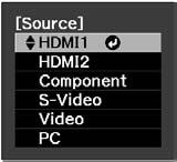If you press the source button on the projector, you see a list of available sources. Press the source button to move through the list and select the desired source.