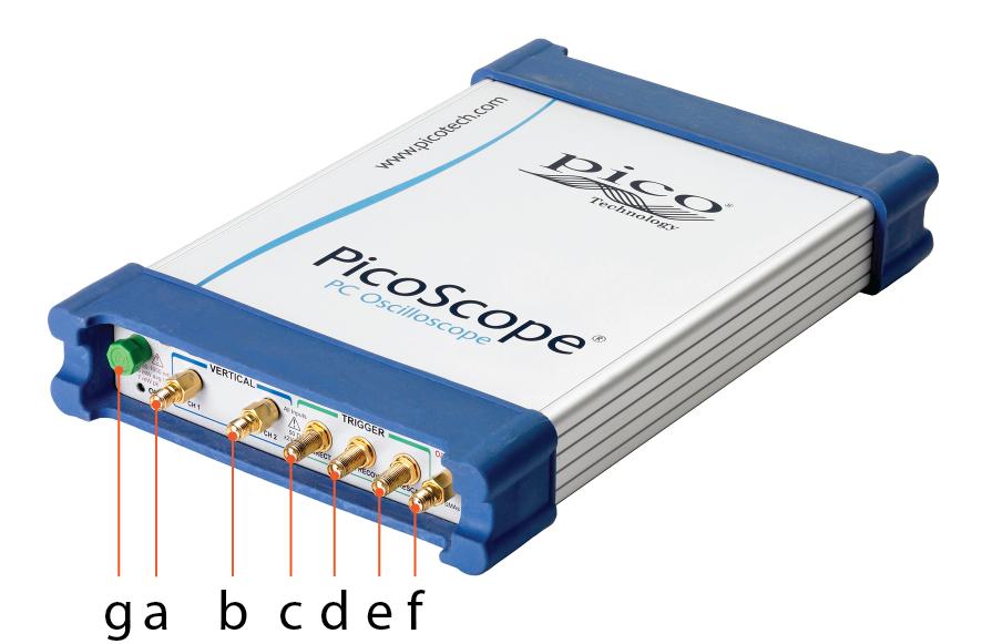 If your probe has a BNC connector, use an SMA(m)-BNC(f) adaptor. Connector diagrams Front Panel PicoScope 9201A a. b. c. d. e. f. g.