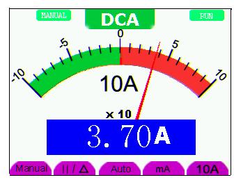 Look at the display; you can see a screen that looks like the following Figure. Figure 27: DC Current Measurement for <400 ma To measure a DC current which is larger than 400 ma, do the following: 1.