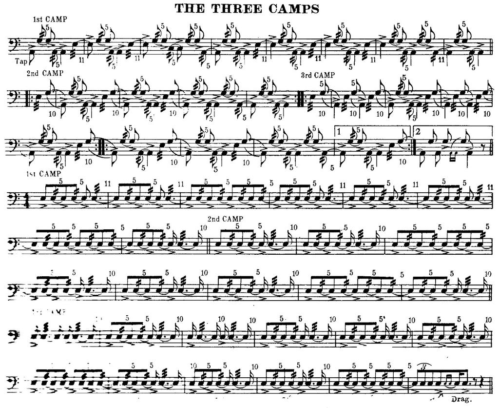 25 J BURNS MOORE (1937) In The Art of Drumming, Moore presents two versions of The Three Camps both of which fit the standard framework. There is no metronome mark.