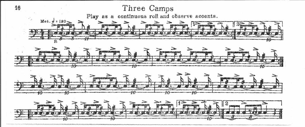 26 WM F LUDWIG (1946) In Collection DrumSolos, by WM F Ludwig, The Three Camps score is written in 4/4 time.