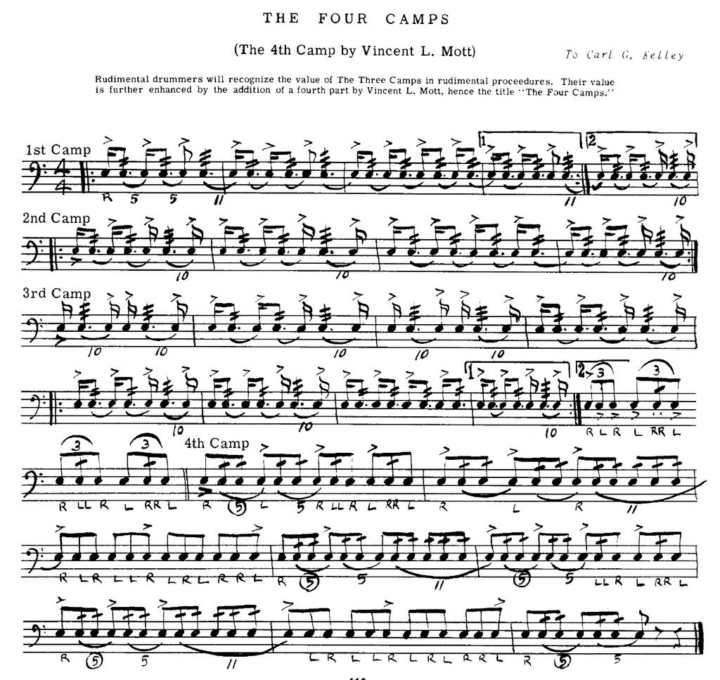 31 VINCENT MOTT (1957) In the Evolution of Drumming: Textbook of the Snare Drum, Mott includes a 4/4 hand-written score entitled The Four Camps. There is no metronome mark.