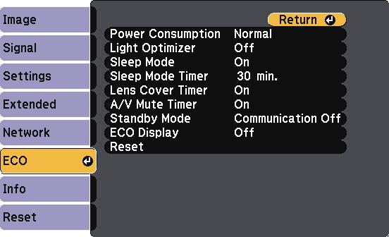 Projector Setup Settings - ECO Menu 108 Settings on the ECO menu let you customize projector functions to sve power. When you select power-sving setting, lef icon ppers next to the menu item.