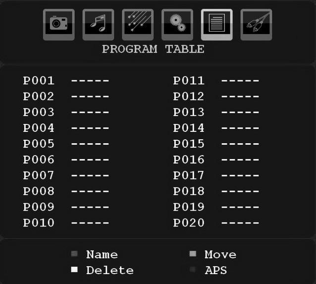 Store Press or button to select Store Program. Press or OK button to store the settings. Stored... will be displayed on the screen. Program Table Select Program Table by pressing or button.