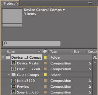 The Project panel contains two folders: Device Central Comps and Solids. 11 Double-click the Device Central Comps folder to see its contents.