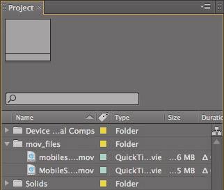 Collapse the Device Central Comps folder, and click an empty area of the Project panel to deselect all items. 12 Choose File > Save As.