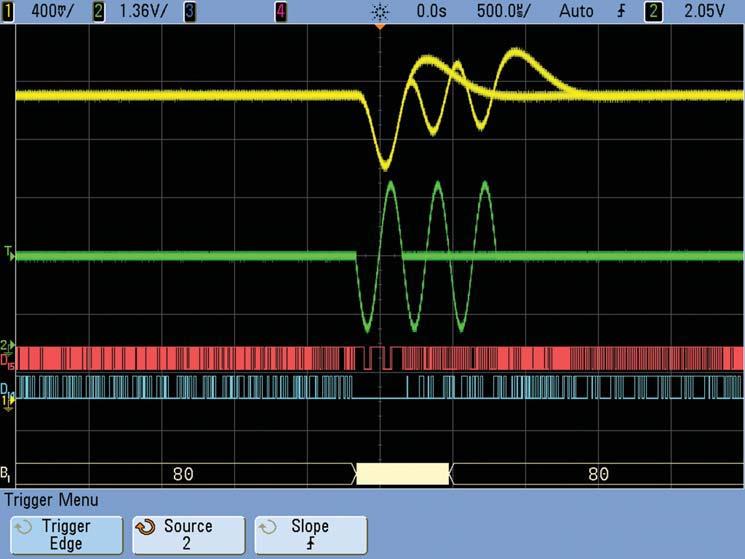 Figure 10 shows a trigger condition of the MSO set to trigger precisely at the DAC s 50% output level point using pattern triggering on the parallel digital input signals in addition to an analog