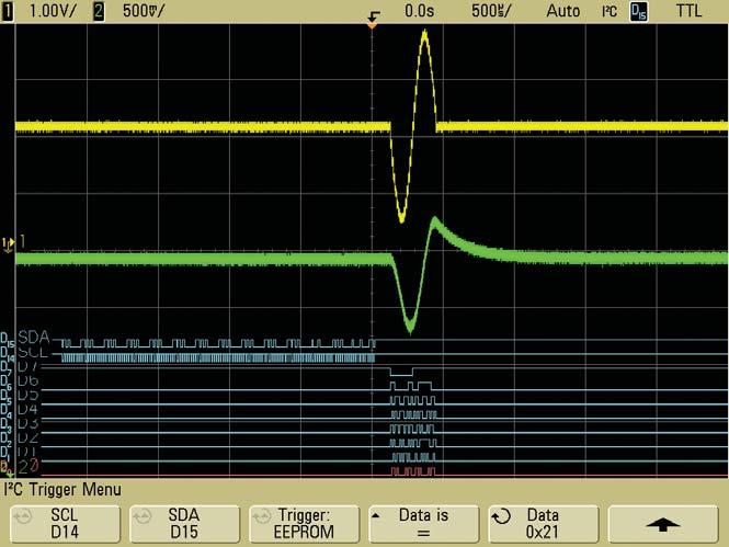 Figure 14 shows the scope s ability to trigger on a 3-cycle chirp with I 2 C triggering on address and data serial content, and Figure 15 shows the scope s ability to trigger on a 1-cycle chirp.