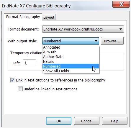 Alternatively, click on the arrow icon in the bottom right corner to display the Configure Bibliography window and choose an output style: EndNote comes with many