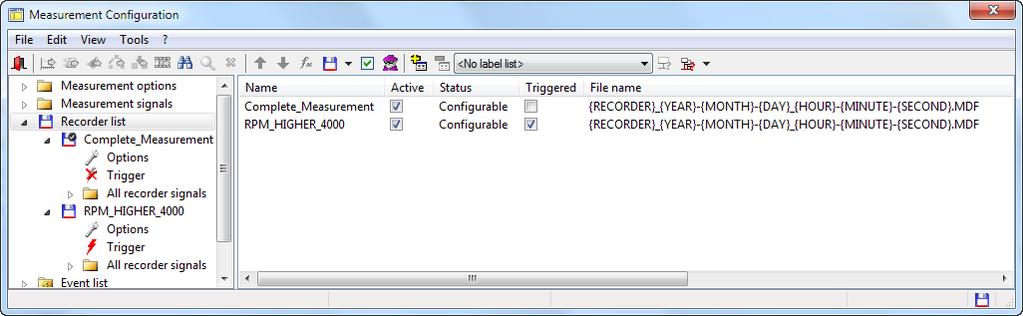 3.3 Recorder List The third subsection of the Measurement Configuration window tree is the Recorder list.