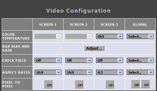 Video Config Color Temperature Use this row to determine the current Color Temperature preset being used on each screen.