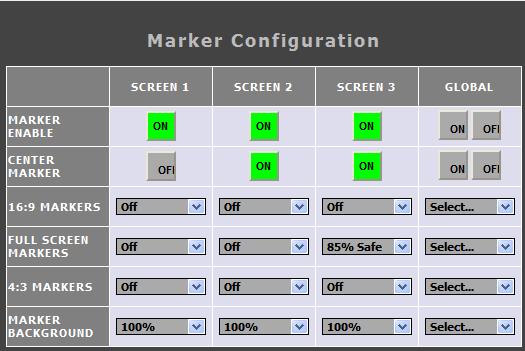 Marker Config Marker Enable Use this row to turn the screen markers on an individual screen ON or OFF. This can also be changed on the global level under the GLOBAL column.
