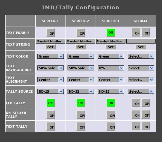 IMD / Tally Config Text Enable Use this row to turn the monitor s IMD text ON or OFF. This can also be changed on the global level under the GLOBAL column.