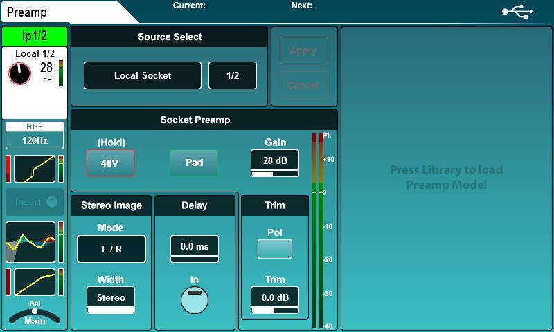 7.1 Preamp source select preamp control stereo image channel delay Source Select Touch the source type to select from a list of sources. Unassigned = Channel has no source.