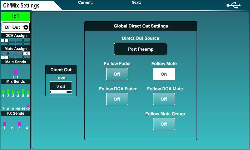8.1 Direct out direct out source individual direct output level follow options This screen shows the direct output level for the selected channel, as well as the global direct out settings which
