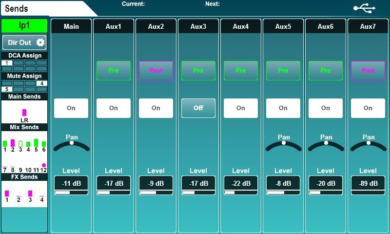 8.4 Send levels and mix assignments mix sends pre/post button drag left/right assign to mix pan (stereo mixes) send level This screen displays all sends and mix assignments for the selected channel.