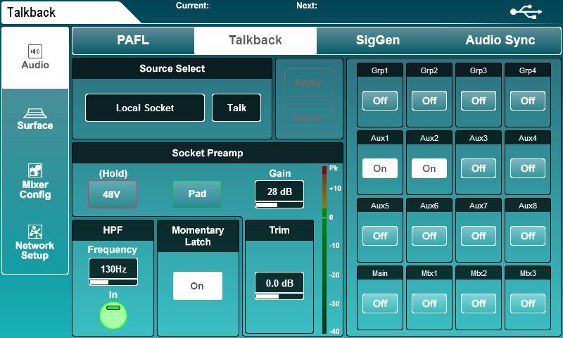 12.9 Talkback settings Talkback is used to enable the engineer to communicate via the audio outputs. When the Talk key is pressed, the talkback source is routed to all assigned mixes.