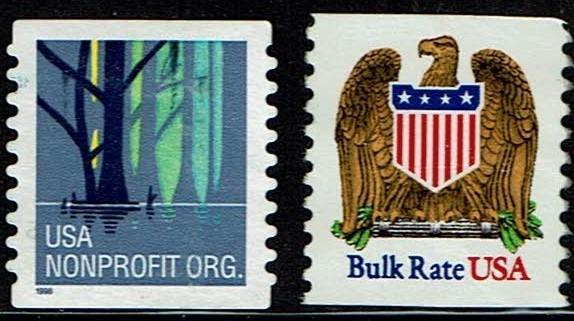 These stamps were overprinted with lines only, service indicators between lines, or have lines and/or service indicators, such as the two examples to the left, printed as an integral part of the