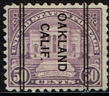 On the left, the Type 243 from Oakland, CA, is an example of a precancel reading down in relation to the design on the 50 denomination of the 1926 Issue.