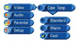 USING THE FEATURES Video OPTION Color Temp. DESCRIPTION Standard:Select to give the white colors a neutral tint.