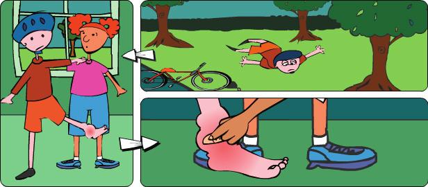 (Enferma en la escuela) 7 7 Sound effects: Bike falling. Girl with bike rider: What happened? Bike rider: I fell off my bike. Ouch! Girl with bike rider: Are you okay? Bike rider: No! My foot hurts.