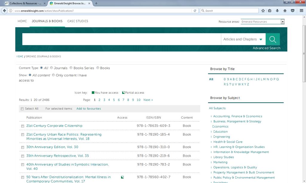 Figure 55: Emerald Advance Search page Options How to Browse If you would like to view the content of a specific journal, or find journals in a particular subject area, use Journals