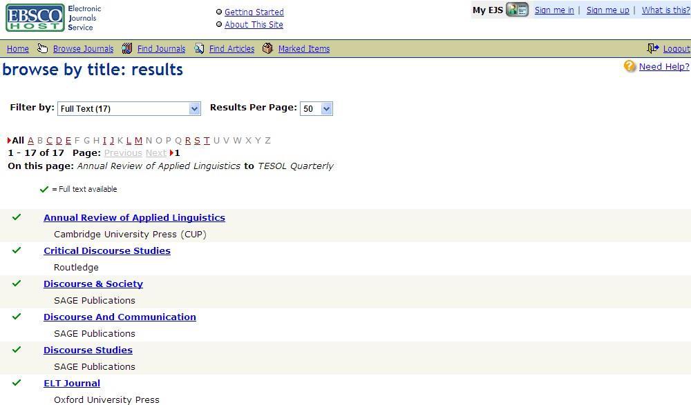 Figure 58: EBSCO EJS Subscribed Journals Clicking the title of any journal the user can review the details of the publication and the dates that content is available from each publication.