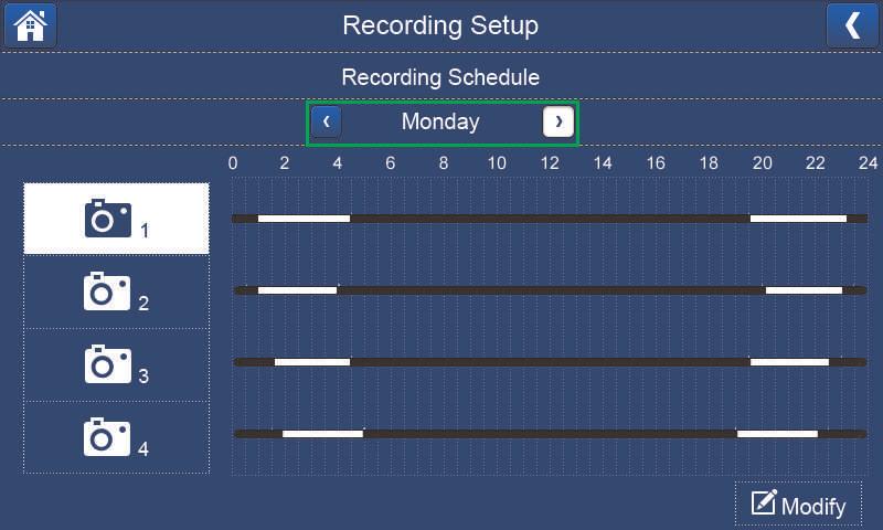 9 Recording 9.2 Scheduled Recording Use scheduled recording to have the system automatically record continuously between a selected start and stop time.