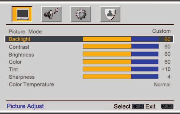 4.8 Video Input Picture Adjustment The Picture Adjust menu operates in the same way for Video Inputs (Component and AV) as for the DTV / TV input in section 4.2.