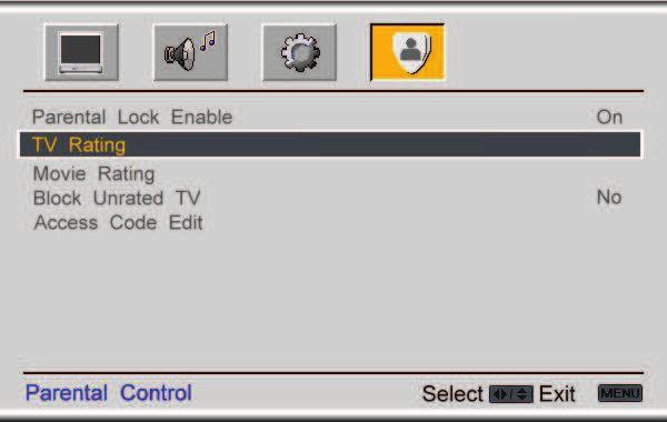 4.11 Video Input Parental Control The Parental Control menu operates in the same way for Video Inputs (Component and AV) as for the DTV / TV input in section 4.7.