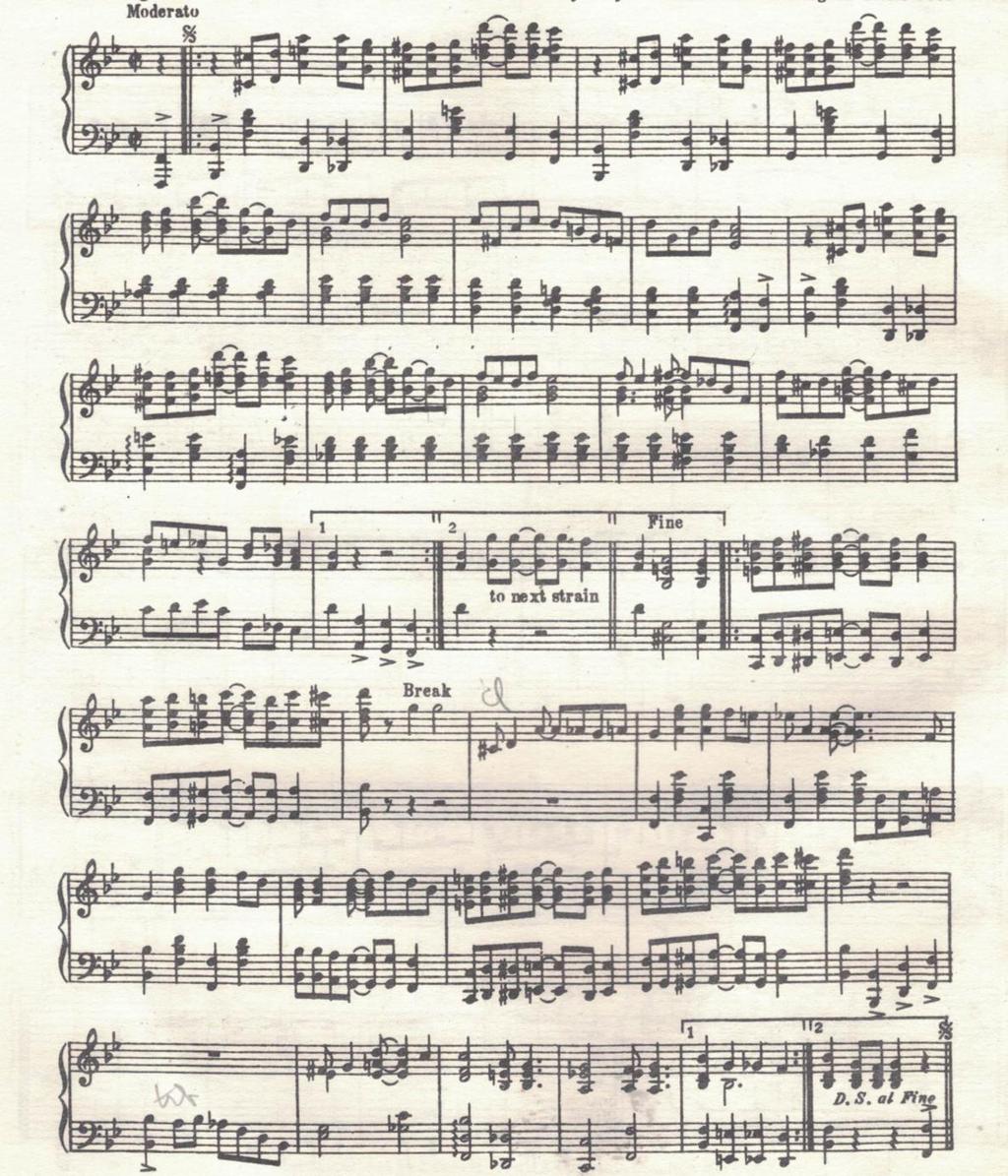 Chicago Breakdown - 1925 Written in 8 bar phrases at Section A, section B contains jazz breaks leading to a D. S. that repeats section A to a 3 rd ending which goes to the trio and modulates from Bb to Eb.