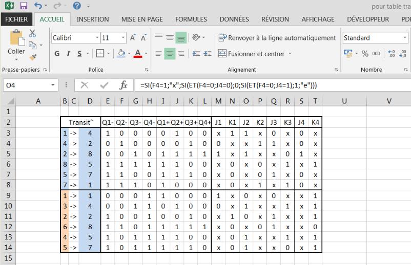 I develop an Excel sheet in order to automatically find the system transition table. The only thing you have to do is to complete the binary words before and the binary word after the clock rise.
