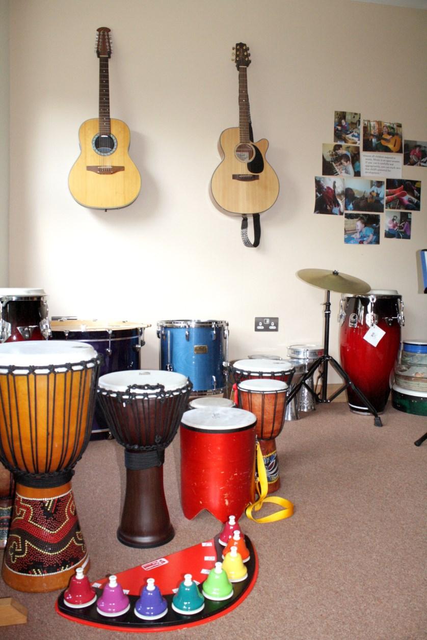 Our Music therapy room offers a safe, secure space where children are not under instruction but helped to use all their capabilities for making sounds, encouraging new ways of