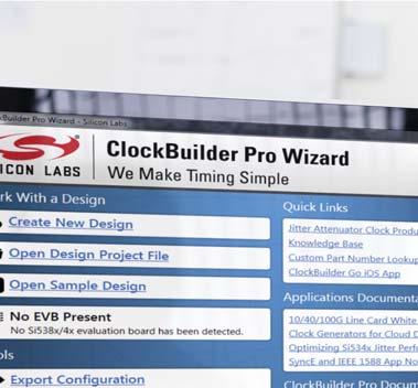 ClockBuilder Pro One-click access to Timing tools, documentation, software, source code libraries & more. Available for Windows and ios (CBGo only). www.silabs.com/cbpro Timing Portfolio www.silabs.com/timing SW/HW www.