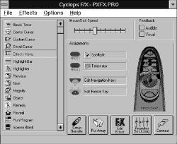 The main screen of the F/X program appears: Figure 3-2 Cyclops F/X special effects On the left side of this window is a list of the special effects.