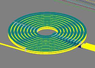 Spiral Inductor on Silicon Eight turn spiral. 2-layer thick metal model. Conformal meshing. Measured and calculated essentially identical.