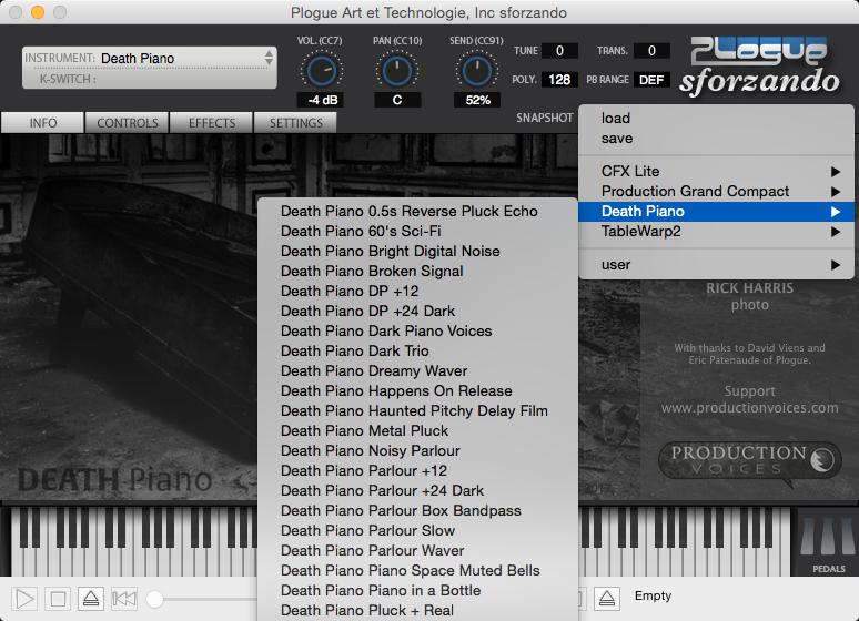 Loading Death Piano Presets Once Death Piano for sforzando is installed, the presets will show up under the SNAPSHOT menu.