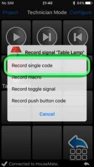 There are four options associated with recording infrared signals. Record single code, Record macro, Record toggle and Record push button code. For now choose Record single code.