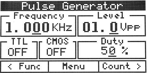 Figure 4 Changing the parameters Frequency, Level See description from function generator. The same rules are applied for the pulse generator too.