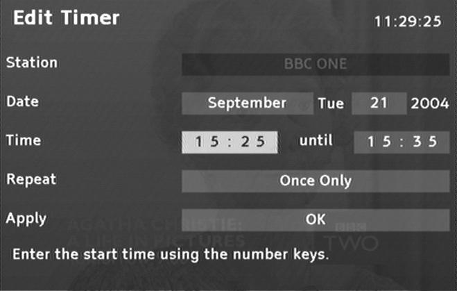 3 Press the OK button. The window is closed and the selected programme is stored in the timer list.