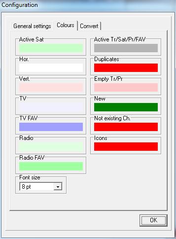 Colours: If you click on the tab sheet "Colours", you will get the following menu: Here you can change the colours that are used to mark the following states: Activated (programmed) satellites