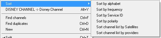 new or not existing channels in your actual list (Import). With Sort you can sort selected channels by alphabet, by frequency or by polarity or sort the entire channel list by providers or satellites.