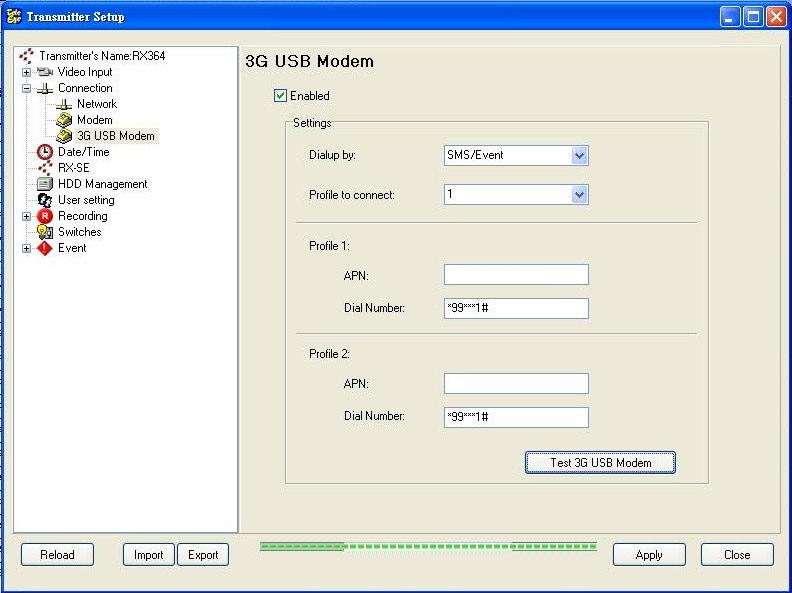 Eye RX504 User Guide Page 14 3. Click enable 4. Set dialup mode: Start up and SMS / Event 1.