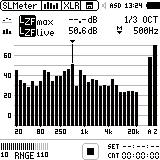 Perform RTA Noise Measurements Select the SLMeter measurement function on the XL2. Select the RTA screen and 1/3 octave resolution measurements.