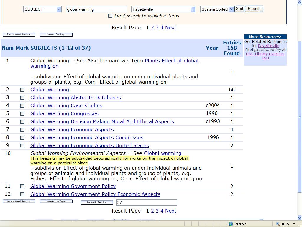 A Subject Search on Global Warming is a More