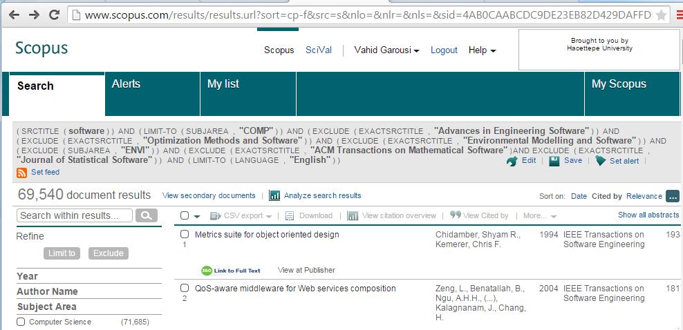 Figure 1- Two screenshots showing the method used to identify the top papers in the Scopus publication database (www.scopus.