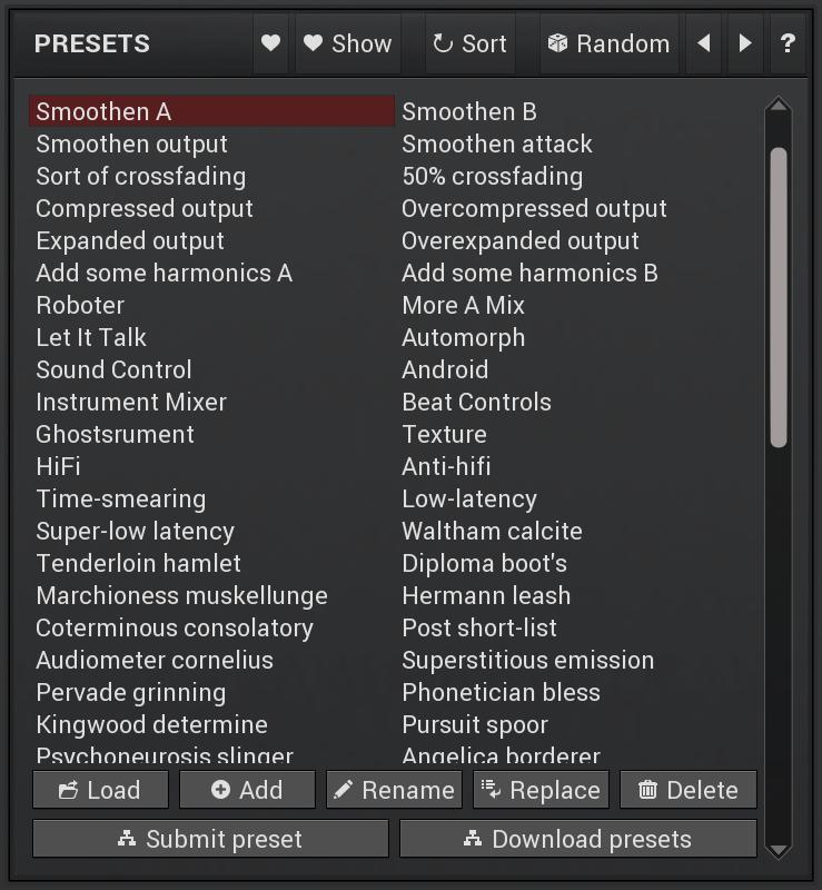 Presets list Presets list contains all presets available in the selected folder. Double-click on a preset or use Load button to load a preset.