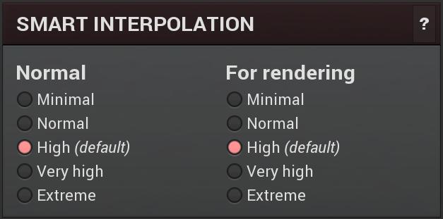 Smart interpolation panel controls the depth of the smart interpolation algorithm, which controls the parameters in order to provide maximum audio quality and lower the chance of zipper noise.