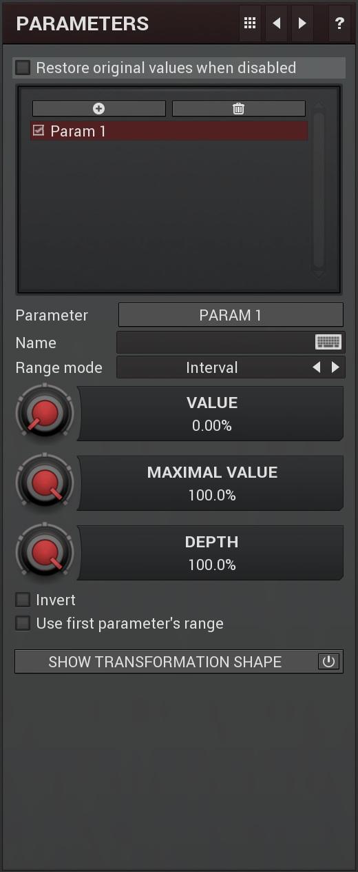 Parameters panel contains the list of the parameters that the modulator is controlling, their ranges etc.